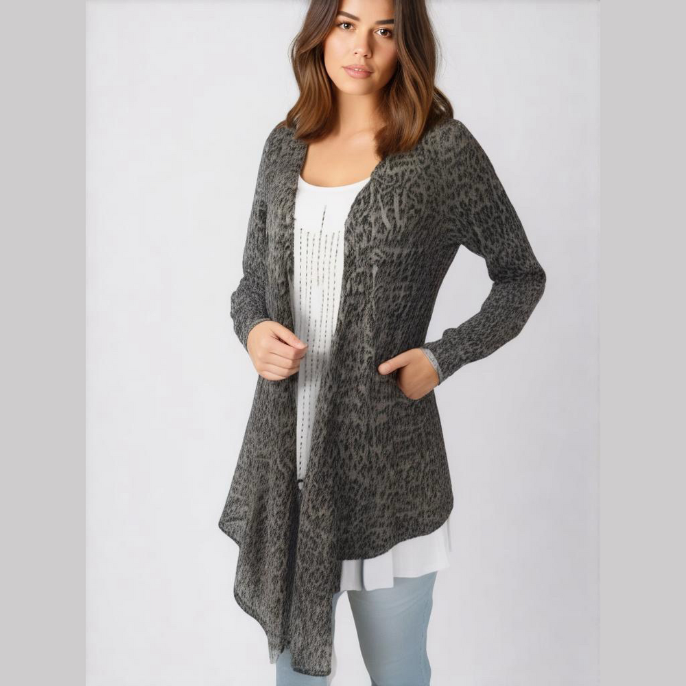 One World open-front asymmetrical hem cardigan black & grey animal print pattern
